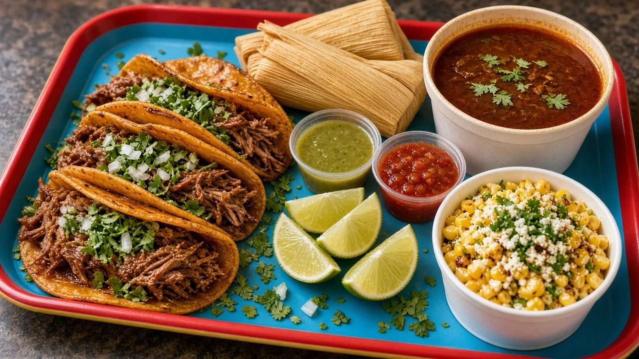 Birria tacos with a cup of consome, tamales, esquites, lime wedges and red and green salsas on a colorful tray